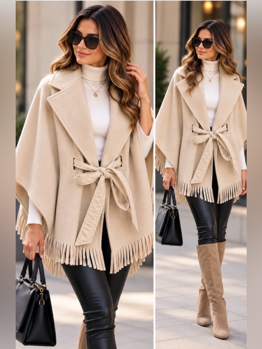 NWOT EIVISSA Womens Fringe Belted Cape Coatigan - Cream